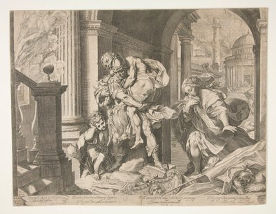 Aeneas a jeho rodina prchající z Tróje od Agostino Carracci
