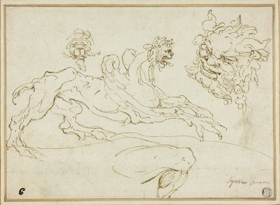 Čtyři skici: Griffin, Groteskní hlava, Hlava satyra, Ohnutá noha od Agostino Carracci