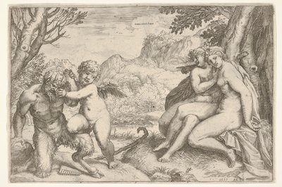 Láska vítězí nad vším Omnia vincit Amor, v boji se satyrem Amor umístí svůj pravý kn..., 1599. od Agostino Carracci