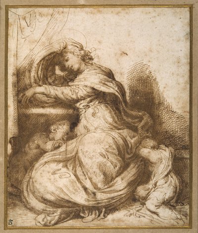 Madonna a dítě se svatým Johnem, všichni spí (pero a hnědý inkoust a hnědé mytí) od Agostino Carracci