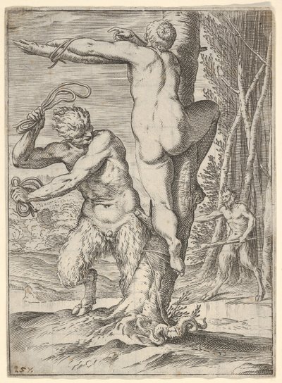 Satyr bičující nymfu, která je zobrazena zezadu a přivázaná ke stromu, druhý saty..., ca. 1590-95. od Agostino Carracci