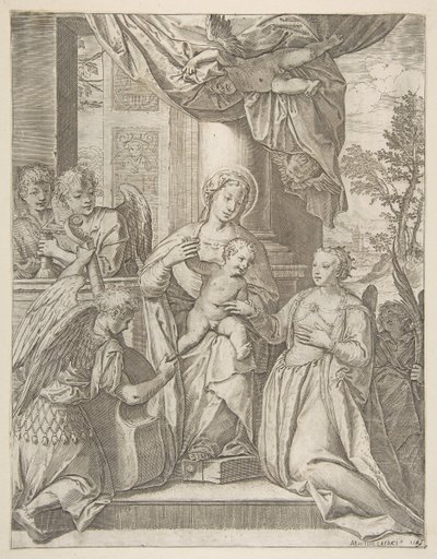Mystické manželství svaté Kateřiny, která sedí v centru s Kristovým dítětem, anděly s..., 1585. od Agostino Carracci