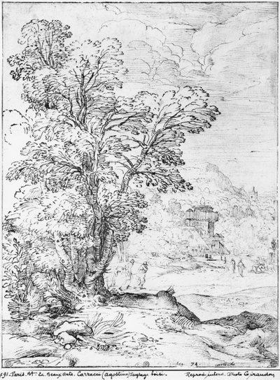 Zalesněná krajina (pero a inkoust na papíře) (černobílá fotografie) od Agostino Carracci