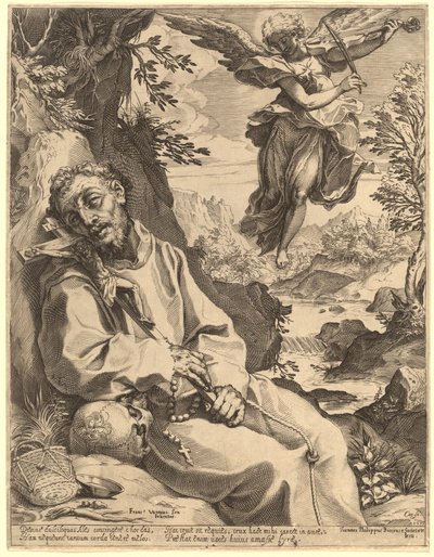 Svatý František Utěšený hudebním andělem od Agostino Carracci after Francesco Vanni