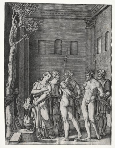 Orestes a Pylades přivezeni do Ifigenie za oběť, 15141536. od Agostino Musi
