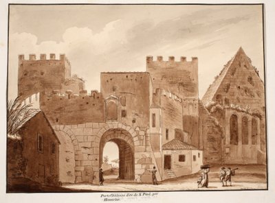Porta Ostiensis nebo San Paolo, postavený Honoriusem, 1833 (lept s hnědým lavírováním) od Agostino Tofanelli