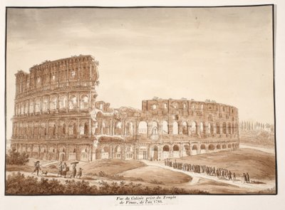 Pohled na Koloseum z Venušinho chrámu, 1833 (lept s hnědou lazurou) od Agostino Tofanelli