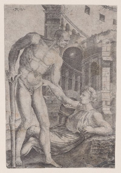 Muž pomáhá druhému na nohy, ca. 1514-36. od Agostino Veneziano