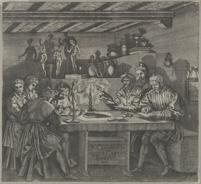 Baccio Bandinelli ve svém ateliéru drží sošku Venuše, studenti skicující z m..., 1531. od Agostino Veneziano