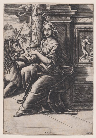 Cudnost, žena sedící, po její pravici jednorožec, c. 1515-30. od Agostino Veneziano