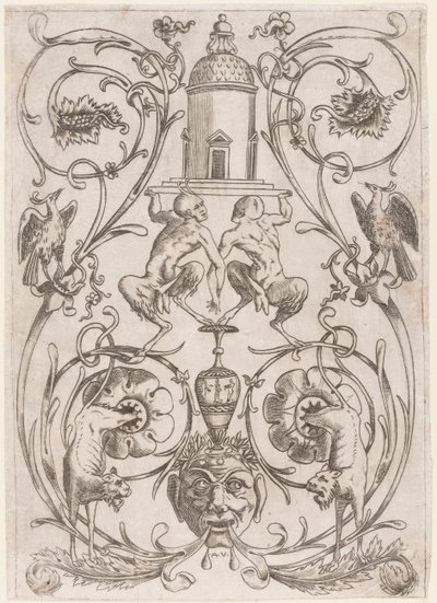 Groteskní Ornament se Satyry ze sady dvaceti ozdobných panelů od Agostino Veneziano