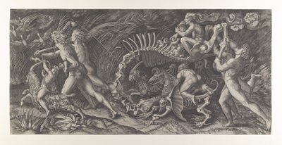 Lo Stregozzo: čarodějnice jedoucí na zvířecí kostře, předcházená dvěma muži a ..., ca. 1515-25. od Agostino Veneziano