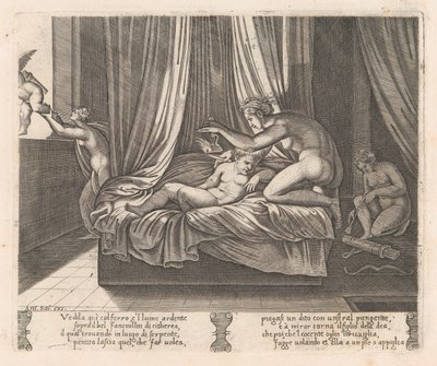 Talíř 13: Psyché při pohledu na Amora, z Příběhu o Amorovi a Psyché, jak jej vyprávěl Apulei..., 1530-60. od Agostino Veneziano