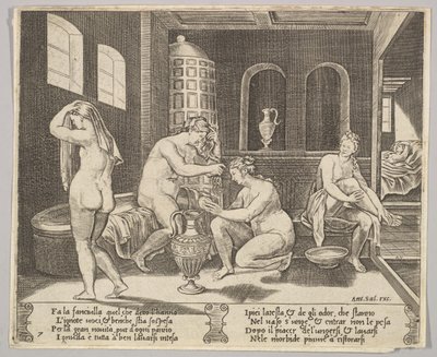 Talíř 7: Psyche navštěvovaná ve své koupeli nymfami, v pozadí vpravo Psyche repr..., ca. 1520-36. od Agostino Veneziano