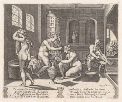 Talíř 7: Psyché navštěvovaná ve své koupeli, z Příběhu Amora a Psyché, jak jej vyprávěl Apu..., 1530-60. od Agostino Veneziano