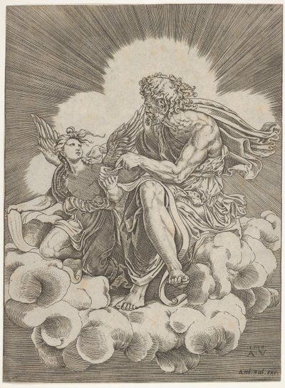 Sv. Matouš, sedící na obláčku a nořící brk do kalamáře drženého andělem..., ca. 1518-20. od Agostino Veneziano