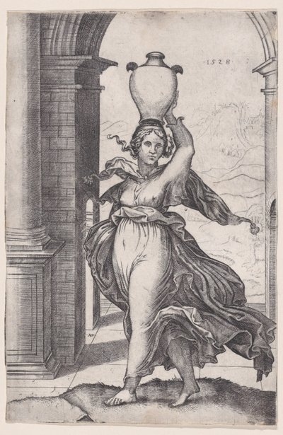 Žena nesoucí vázu na hlavě, datováno 1528., datováno 1528. od Agostino Veneziano