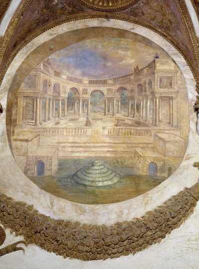 Znamení Střelce (vzestupné souhvězdí Arktura) východní stěna: schopnost stát se strážcem královských budov. Zde vidíme palác te. Freska od Agostina da Mozzanega (působil v letech 1527 až 1539) 1528 Síň větrů (nebo zvěrokruhu) Čajový palác, od Agostino da Mozzanega