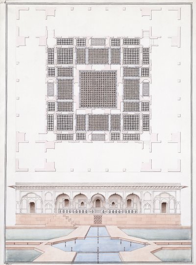 Pohled na jižní průčelí a zahradní palác Suraj Bhawan at Dig, kolem roku 1830 (tužka, pero a šedý inkoust a akvarel) od Agra School