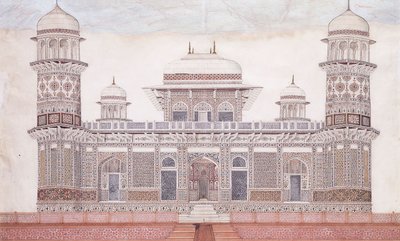 Hrobka Itmad-ud-daula, kolem roku 1815 (cihla, pero a černý inkoust, w/c, zvýrazněno dotyky o) od Agra School