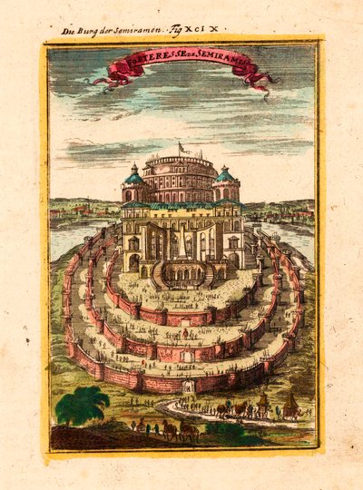 Pevnost a visuté zahrady legendární královny Semiramis v Babylonu - Pevnost Semiramis - mědirytina a akvarel od Alaina Manessona Malleta (1630-1706) od Alain Manesson Mallet