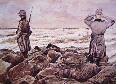 Dva Němci na pobřeží Francie se v předvečer tažení do Normandie dívají směrem k Anglii od Alban (after) Wolf