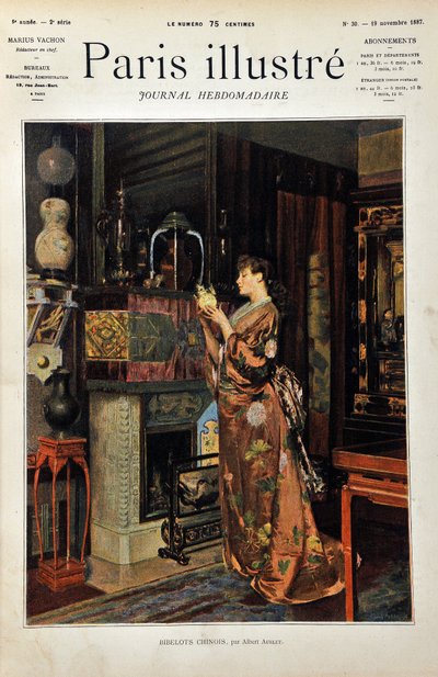 Čínské cetky Evropanka oblečená v Orientale pozoruje svůj výběr čínských předmětů. Ilustrace Albert Aublet (1851-1938). Rytina z roku 1887 v týdeníku Paris-Illustrous journal. od Albert Aublet