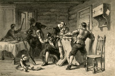Puritáni zabarikádují svůj dům proti Indiánům, 1877. od Albert Bobbett