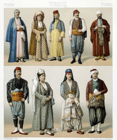 Turecké kroje z 19. století. Ilustrace v „Le Kostým historique““ od Racinet od Albert Charles August Racinet