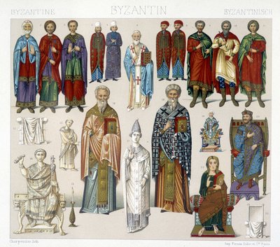 Byzantské kostýmy. Ilustrace v „Historickém kostýmu“ od Racinet od Albert Charles August Racinet