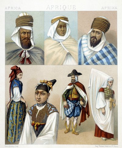 Kostýmy a účesy z Alžírska. Ilustrace v „“Le Kostým historique““ od Racinet od Albert Charles August Racinet