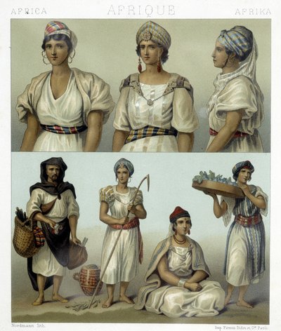 Kostýmy a pokrývky hlavy kabylských žen (nahoře). Tuniské a alžírské kostýmy (dole). Ilustrace v „“Le Kostým historique““ od Racinet od Albert Charles August Racinet