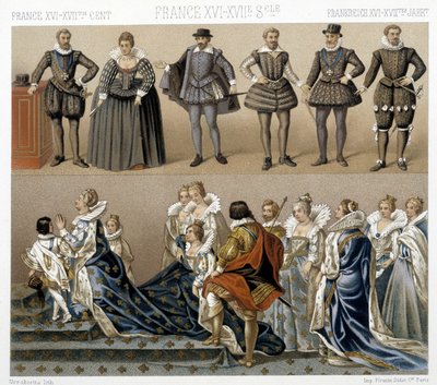 Kostýmy francouzské královny Marguerite (dole) a Jindřicha IV. (nahoře) v 17. a 18. století. Ilustrace v „“Le Kostým historique““ od Racinet od Albert Charles August Racinet