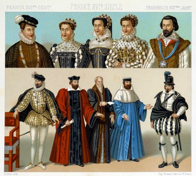 Kostýmy šlechticů a rychtářů ve Francii v 17. století. Chromolitografická deska - v „“Le Kostým historique““ od Racinet od Albert Charles August Racinet