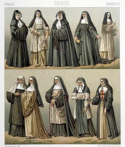 Kostýmy jeptišek ve Francii v 18. století. Ilustrace v „“Le Kostým historique““ od Racinet od Albert Charles August Racinet