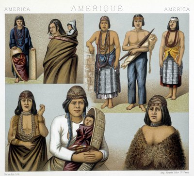 Kostýmy kalifornských indiánů. Ilustrace v „Historickém kostýmu“ od Racinet od Albert Charles August Racinet