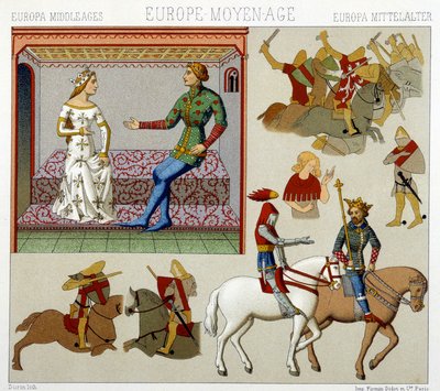 Středověké kostýmy ve Francii. Chromolitografická deska - v „“Le Kostým historique““ od Racinet od Albert Charles August Racinet