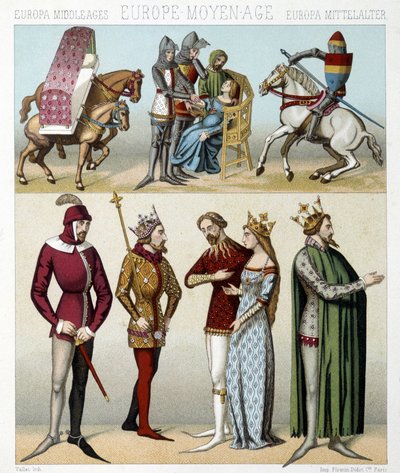 Středověké kostýmy ve Francii. Ilustrace v „Le Kostým historique““ od Racinet od Albert Charles August Racinet