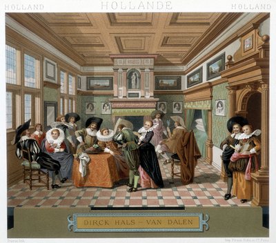 Holanďané v kostýmech a v interiéru z 18. století. Ilustrace v „“Le Kostým historique““ od Racinet od Albert Charles August Racinet
