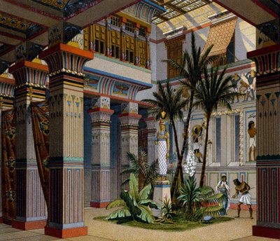 Egypt, interiér domu bohatých lidí ve starověké říši, litografie od Charpentiera, z Le Costume Historique (Historie kostýmů), svazek II, Auguste Racinet od Albert Charles August Racinet