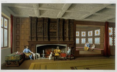Anglický lord a jeho rodina ve svém domě ze 17. století. Chromolitografická deska - v „“Le Kostým historique““ od Racinet od Albert Charles August Racinet