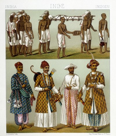 Pohřeb (nahoře na obrázku) a obchodníci (dole na obrázku) v Indii. Kresba „“Le Kostým historique““ od Racineta od Albert Charles August Racinet