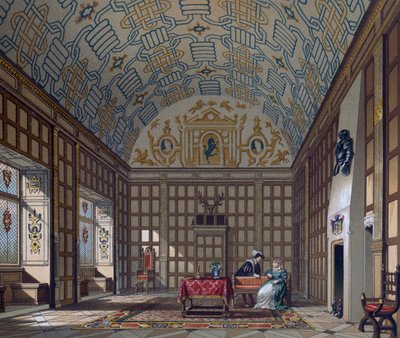 Interiér anglického obydlí ze 16. století, litografie od Gaularda z Le Costume historique (Úplná historie kostýmů) od Albert Charles August Racinet