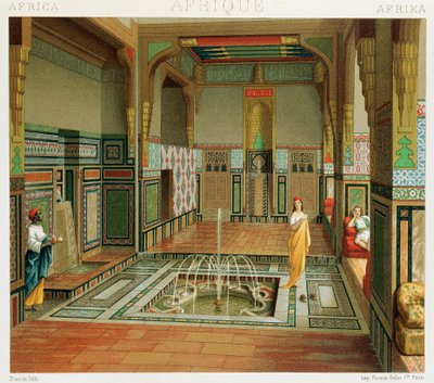 Interiér bohatého domu v Káhiře, ilustrace z kompletní historie kostýmů od Auguste Racineta od Albert Charles August Racinet