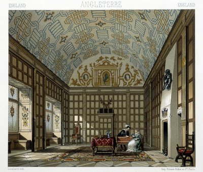 Interiér honosného domu v Anglii v 17. století. Ilustrace v „“Le Kostým historique““ od Racinet od Albert Charles August Racinet