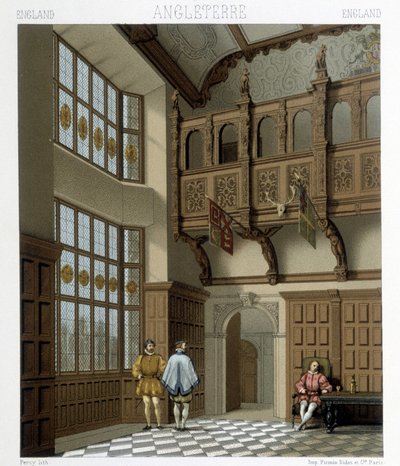 Interiér honosného domu v Anglii v 18. století. Ilustrace v „“Le Kostým historique““ od Racinet od Albert Charles August Racinet