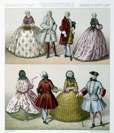 Muži a ženy nosí módní kostýmy z 18. století ve Francii. Ilustrace v „“Le Kostým historique““ od Racinet od Albert Charles August Racinet