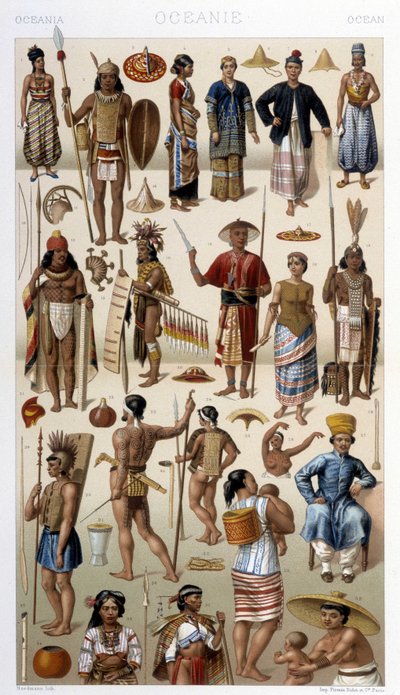 Lidé z Malajsie a Polynésie (Oceánie). Ilustrace v „“Le Kostým historique““ od Racinet od Albert Charles August Racinet