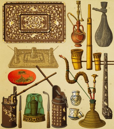 Dýmka a předměty používané kuřáky, litografie Schmidta z Úplné historie kostýmů, první díl, Auguste Racinet (1825-1893), Paříž od Albert Charles August Racinet