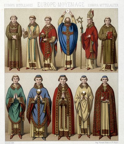 Náboženské kostýmy v Evropě ve středověku. Ilustrace v „“Le Kostým historique““ od Racinet od Albert Charles August Racinet